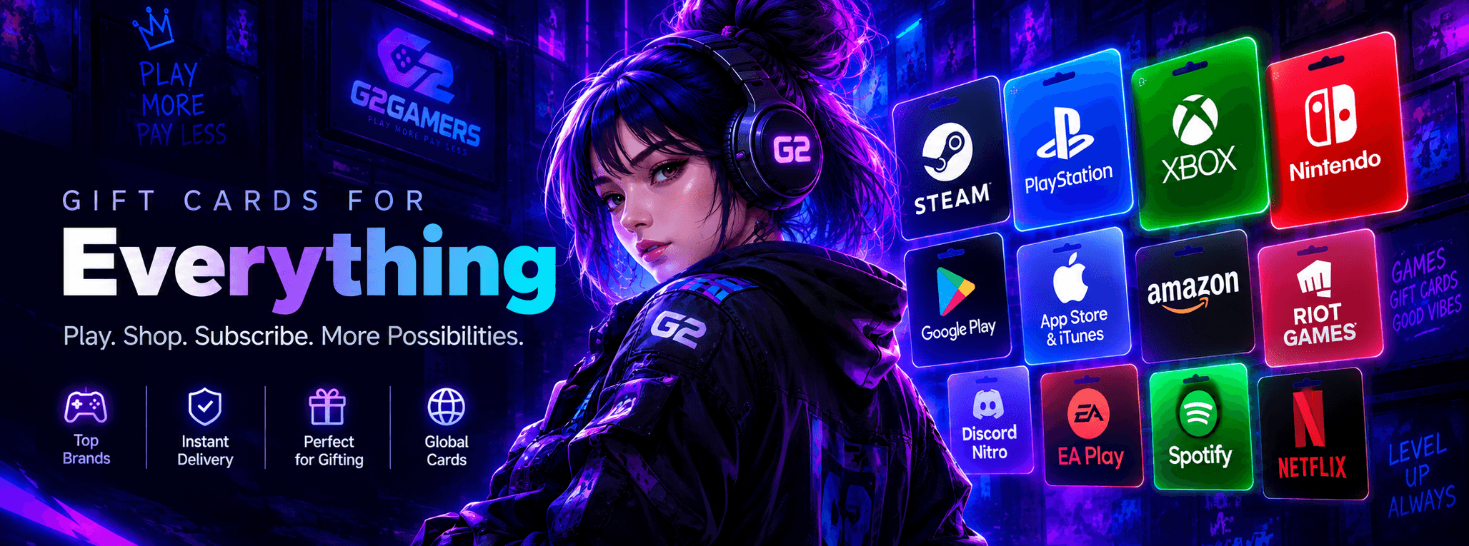 Gift Cards for Everything — play, shop, subscribe. Steam, PlayStation, Xbox, Nintendo, Google Play, App Store, Amazon, Riot Games, Discord Nitro, EA Play, Spotify and Netflix.