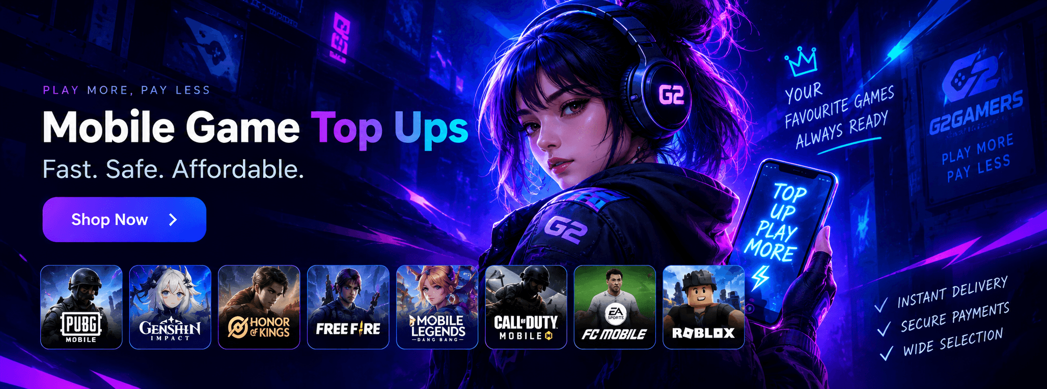 Mobile Game Top Ups — fast, safe, affordable. PUBG Mobile, Genshin Impact, Honor of Kings, Free Fire, Mobile Legends, Call of Duty Mobile, FC Mobile and Roblox.